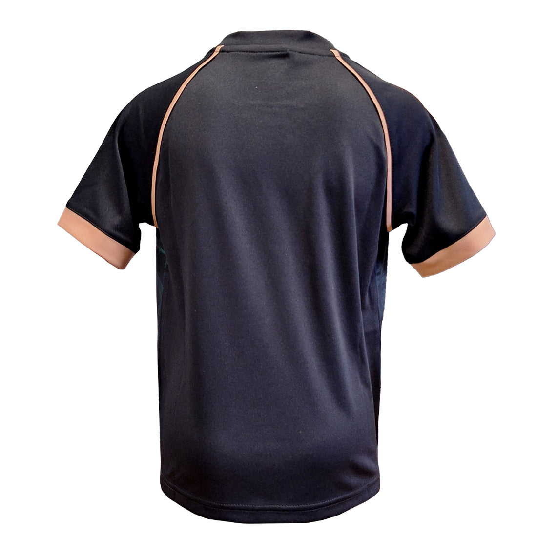Back view of black short-sleeve shirt with brown trim on sleeves and seams