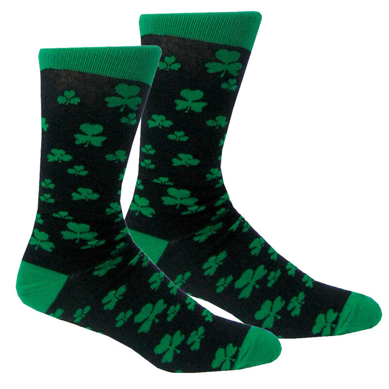 Black Lucky Irish Socks With Green Toe & Shamrock Pattern Design
