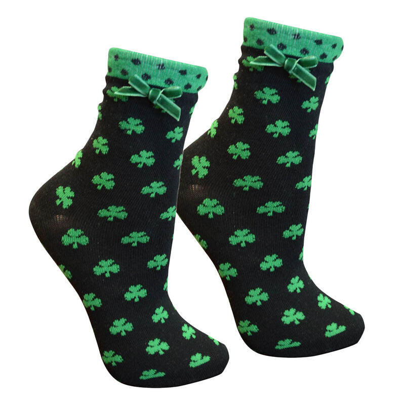 Green Shamrock With Ribbon Ladies Socks
