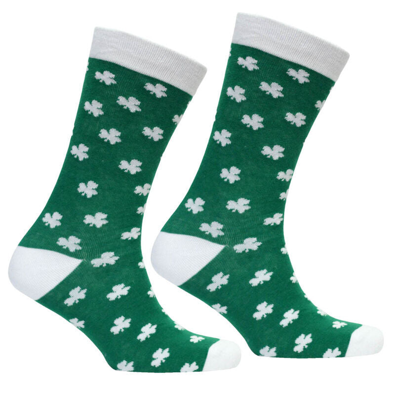 Green Lucky Irish Socks With White Toe & Shamrock Pattern Design