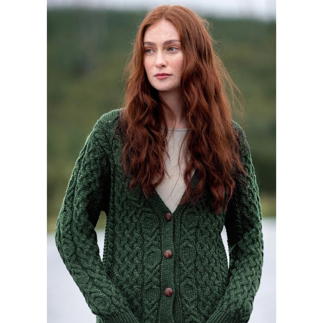 Ladies Aran Green Boyfriend Cardigan
