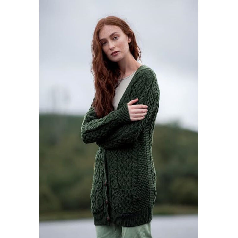 Ladies Aran Green Boyfriend Cardigan