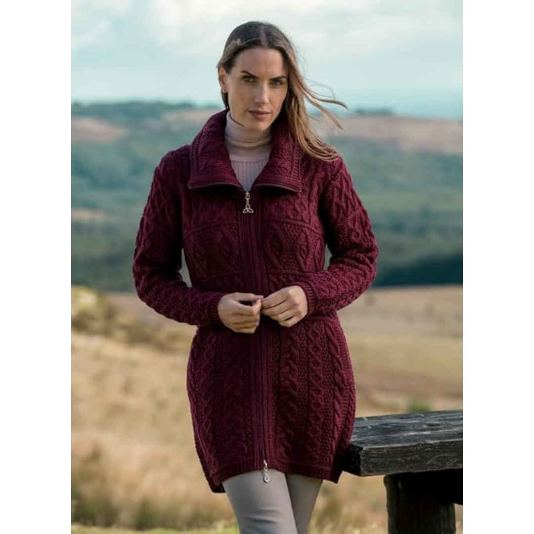 Ladies Merino Double Collar Aran Wine Coat