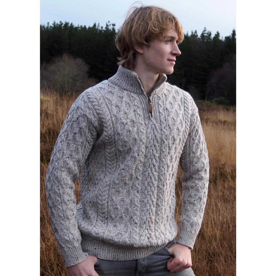 Men's Zip Neck Aran Oatmeal Jumper