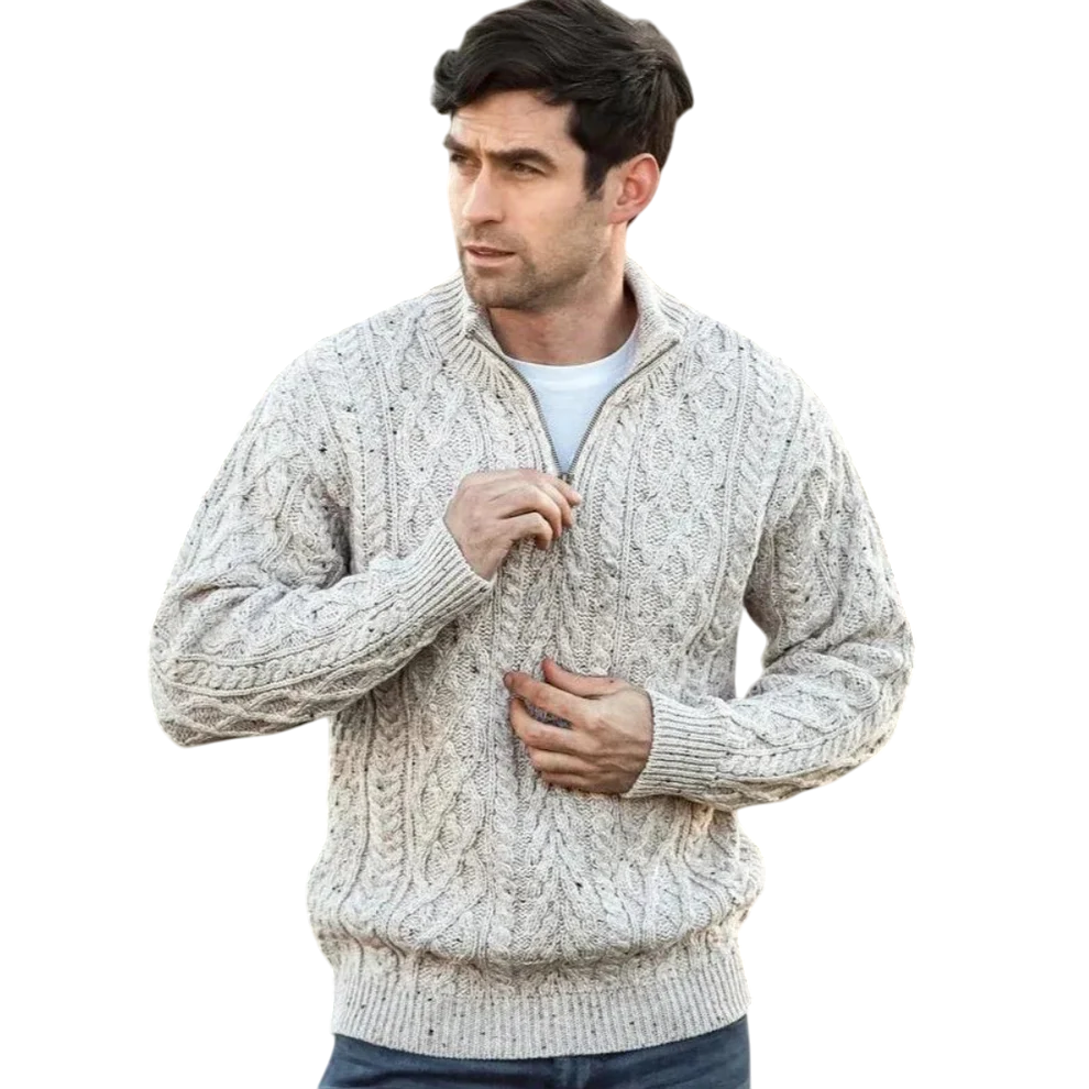 Men's Zip Neck Aran Oatmeal Jumper