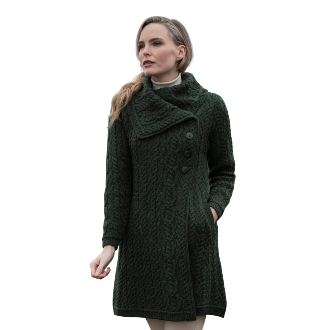 Ladies Merino Wool Chunky Collar Green Aran Coat