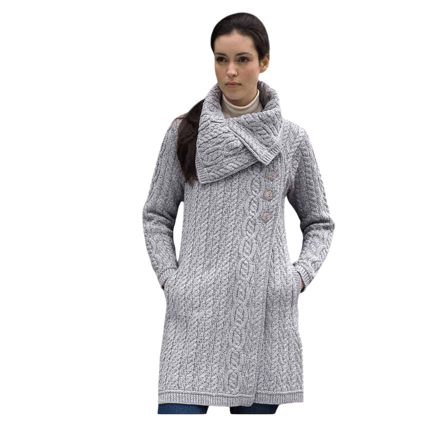 Ladies Chunky Collar Aran Light Grey Coat