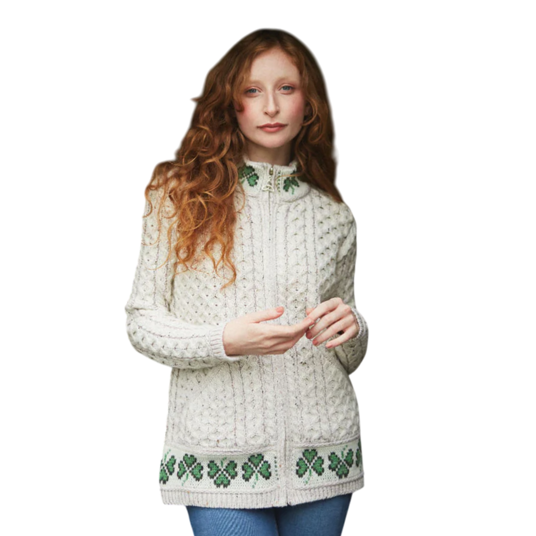 Ladies Merino Wool Shamrock Zip Cardigan