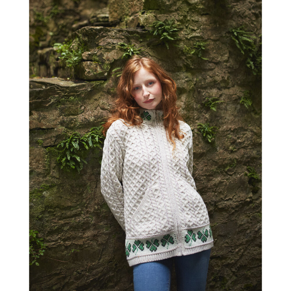 Ladies Merino Wool Shamrock Zip Cardigan