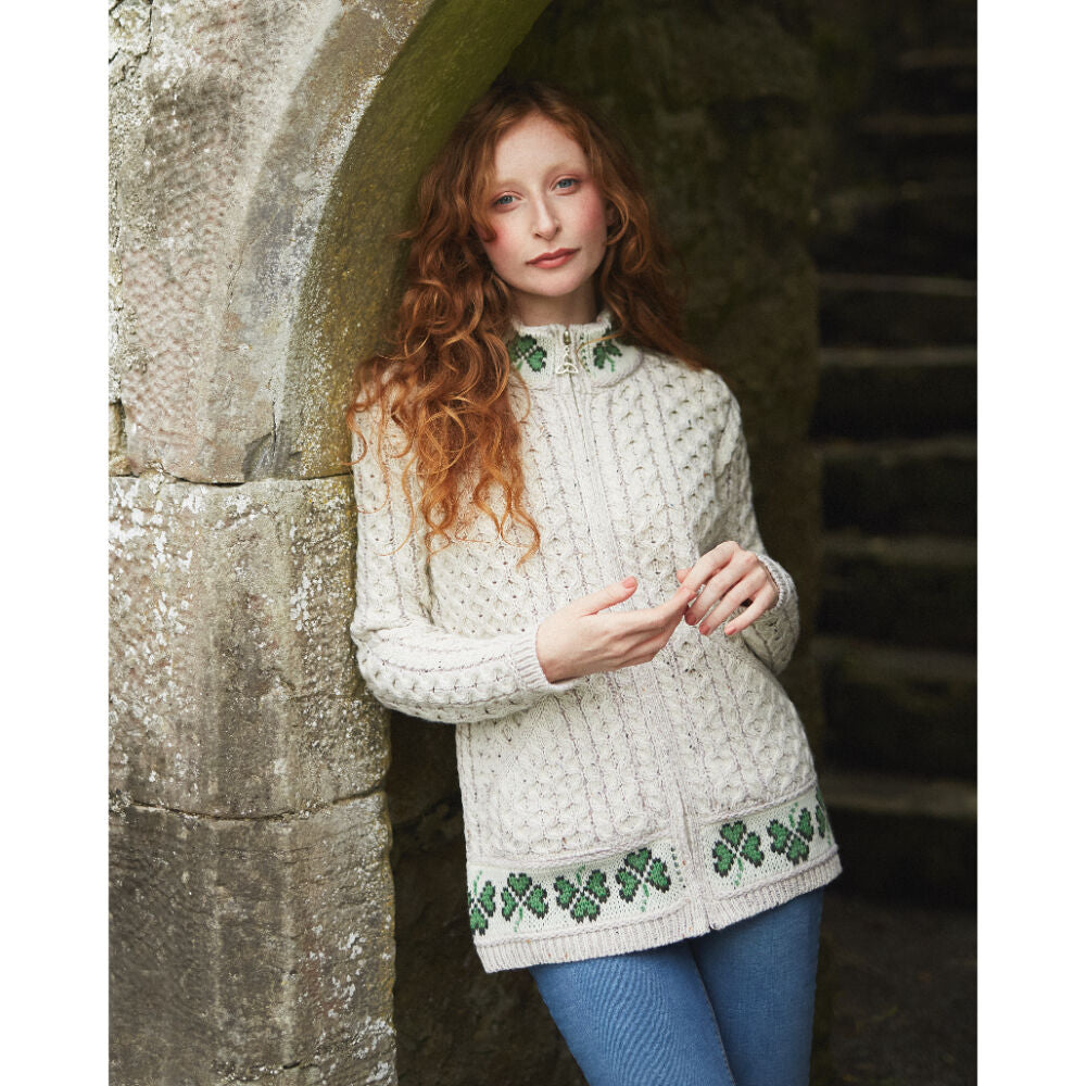Ladies Merino Wool Shamrock Zip Cardigan