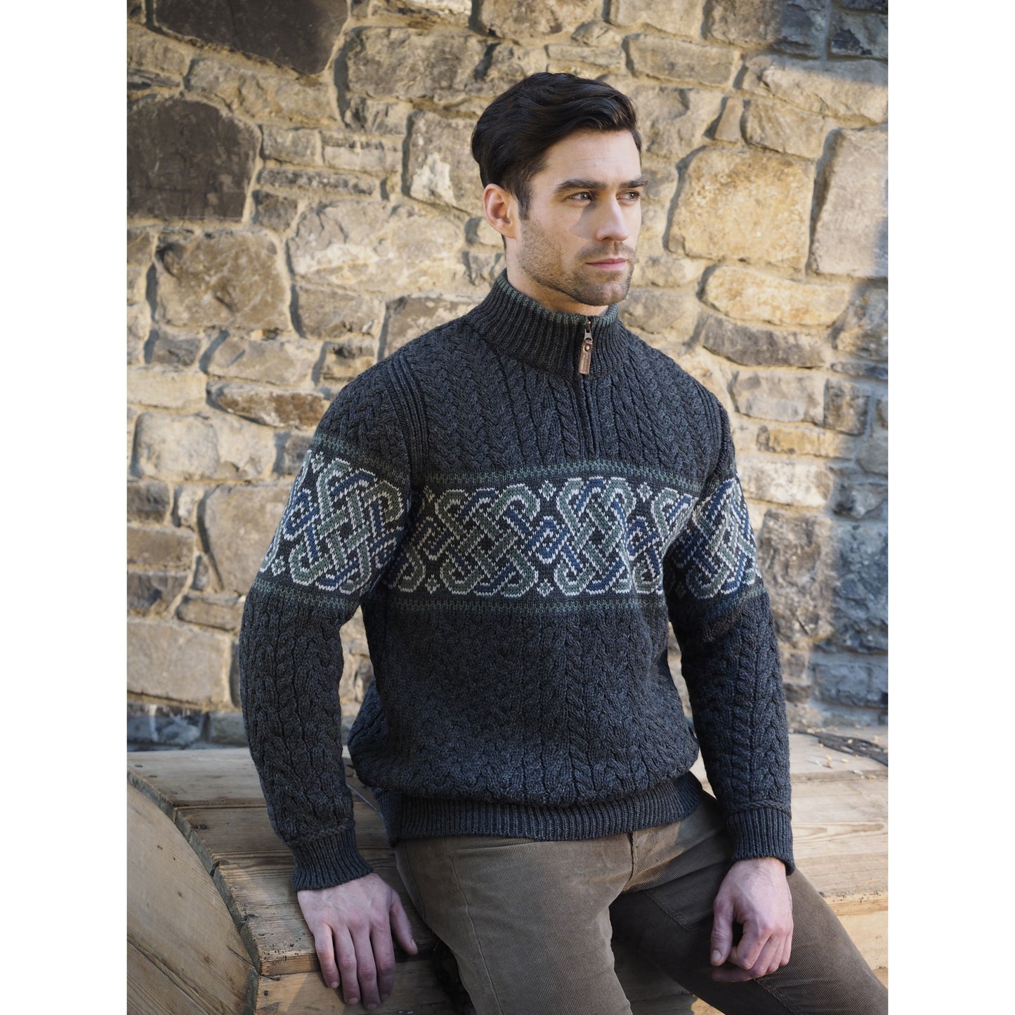 Men's Half Zip Aran Jacquard Charcoal Celtic Jumper
