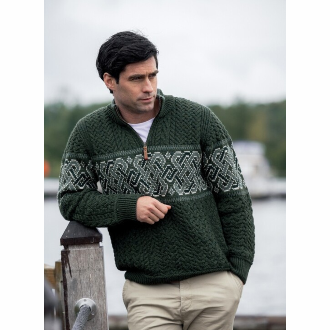 Men's Half-Zipped Celtic Jacquard Green Aran Jumper