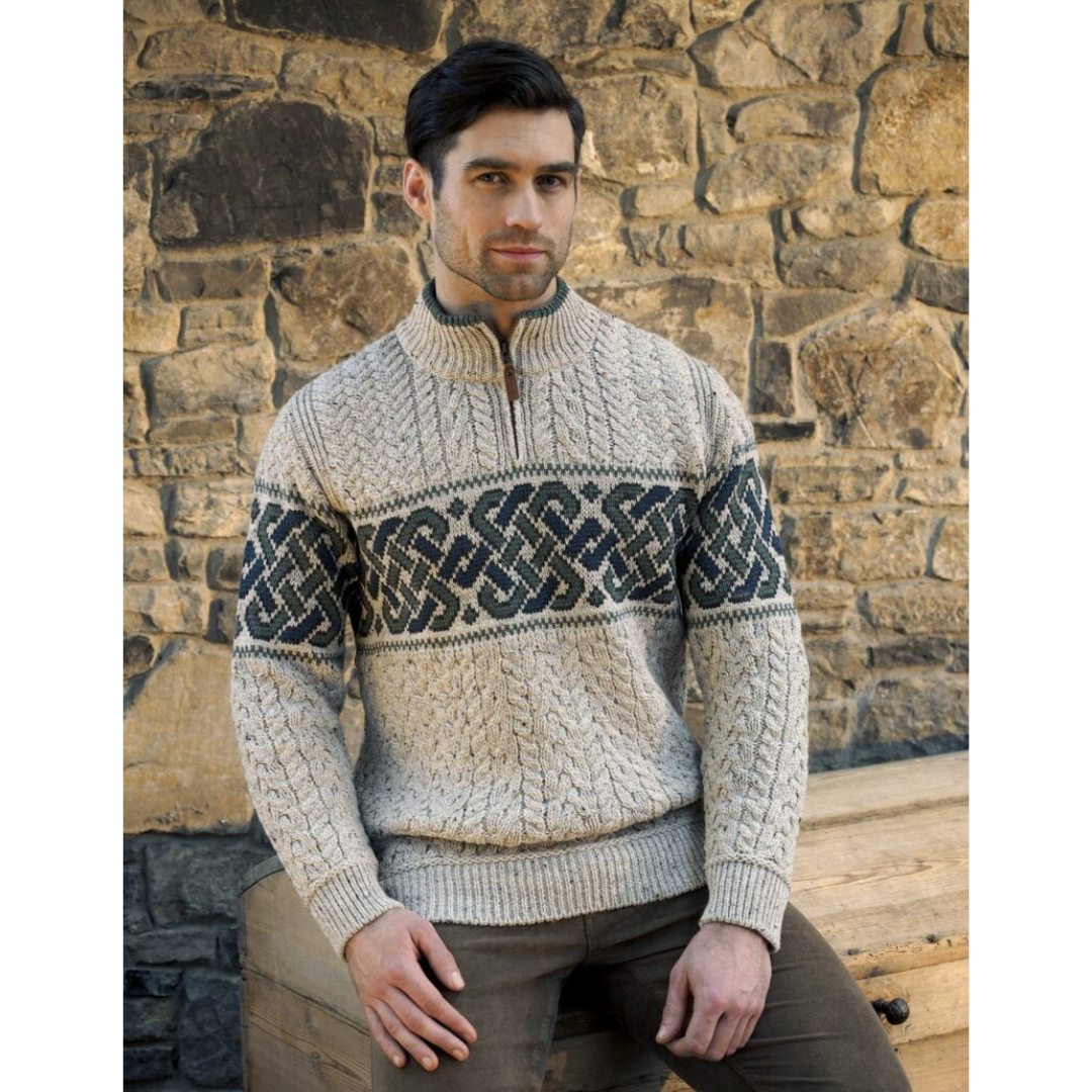 Men's Half-zipped Aran Jacquard Celtic Sweater