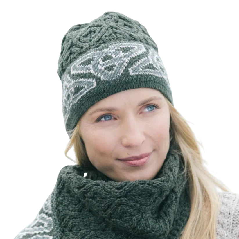 Ladies Aran Celtic Jacquard Green Hat