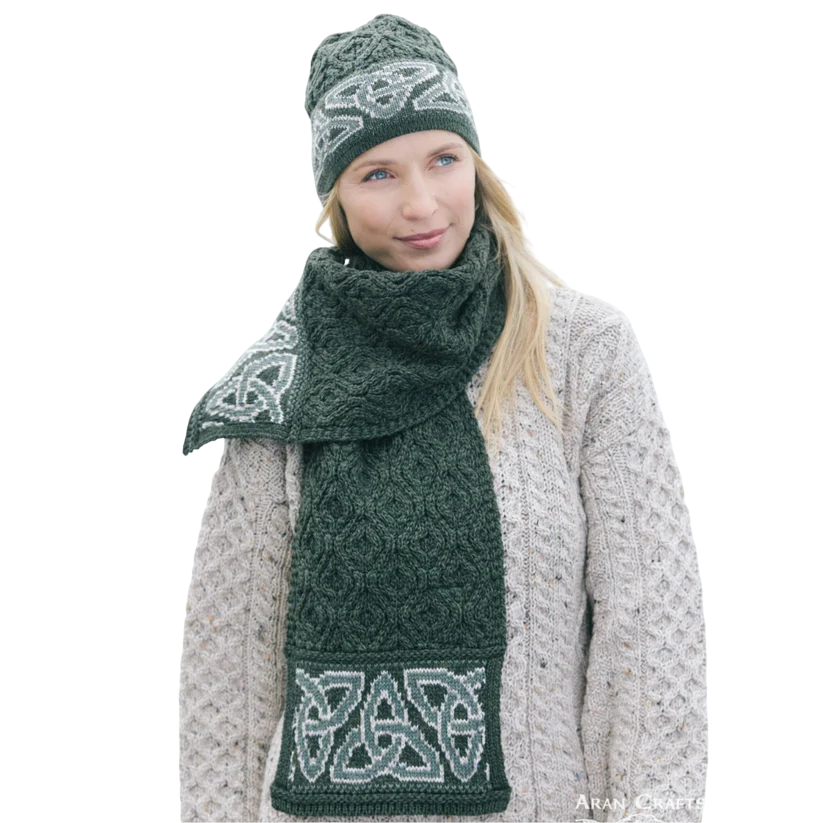 Ladies Aran Celtic Jacquard Green Scarf