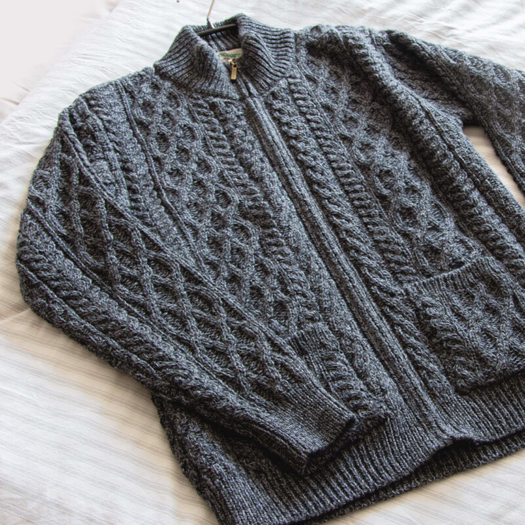 Men's Aran Zip Charcoal Cardigan