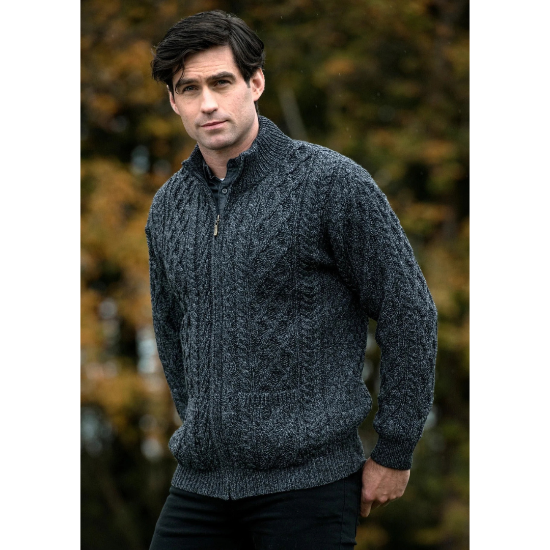 Men's Aran Zip Charcoal Cardigan