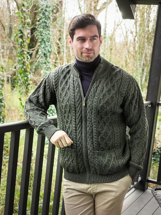 Men's Aran Full Zip Green Cardigan