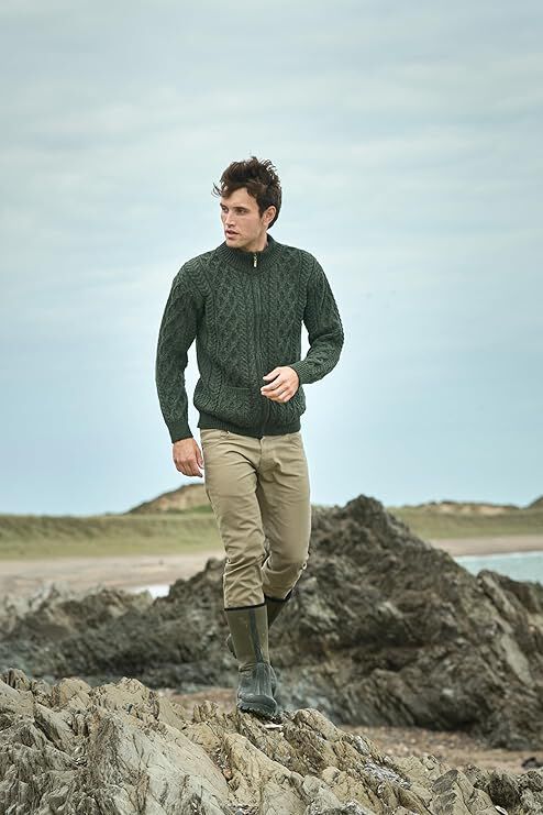 Men's Aran Full Zip Green Cardigan