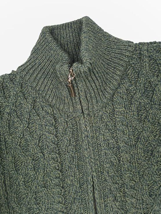 Men's Aran Full Zip Green Cardigan