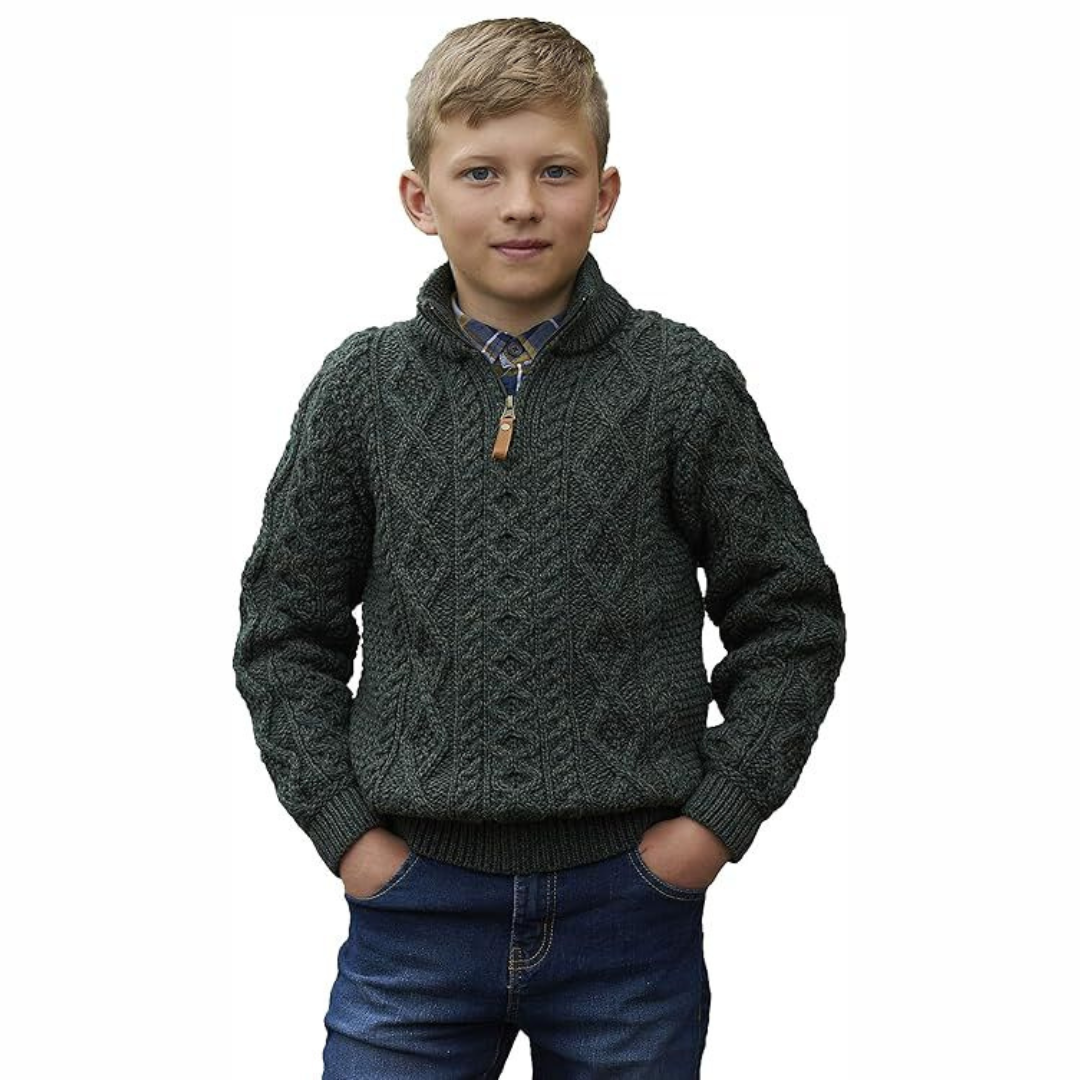 Kids Quarter Zip Merino Wool Green Jumper