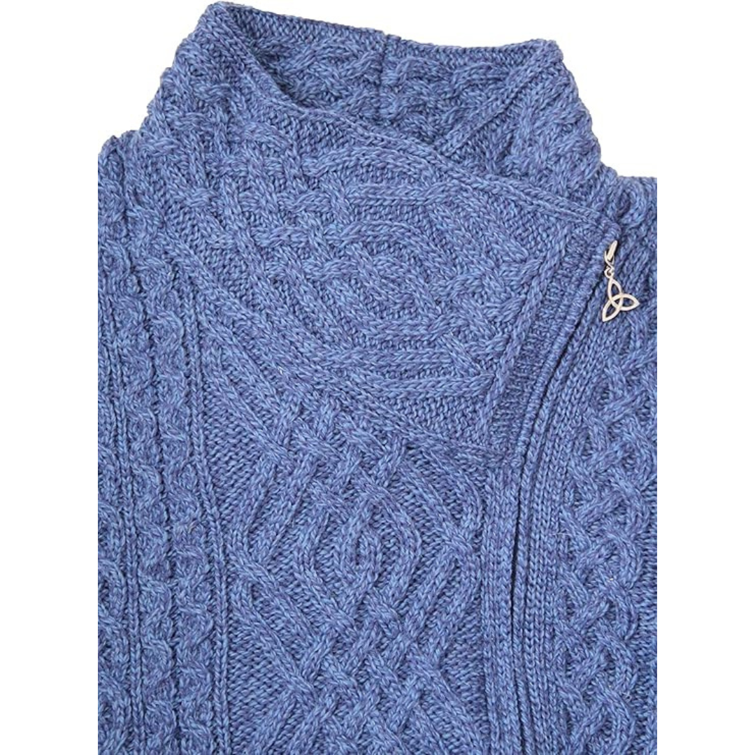 Ladies Irish Cable Knit Side Zip Cardigan Marl Blue