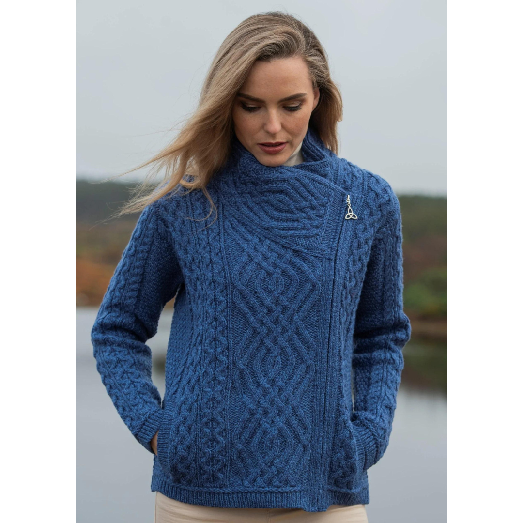 Ladies Irish Cable Knit Side Zip Cardigan Marl Blue