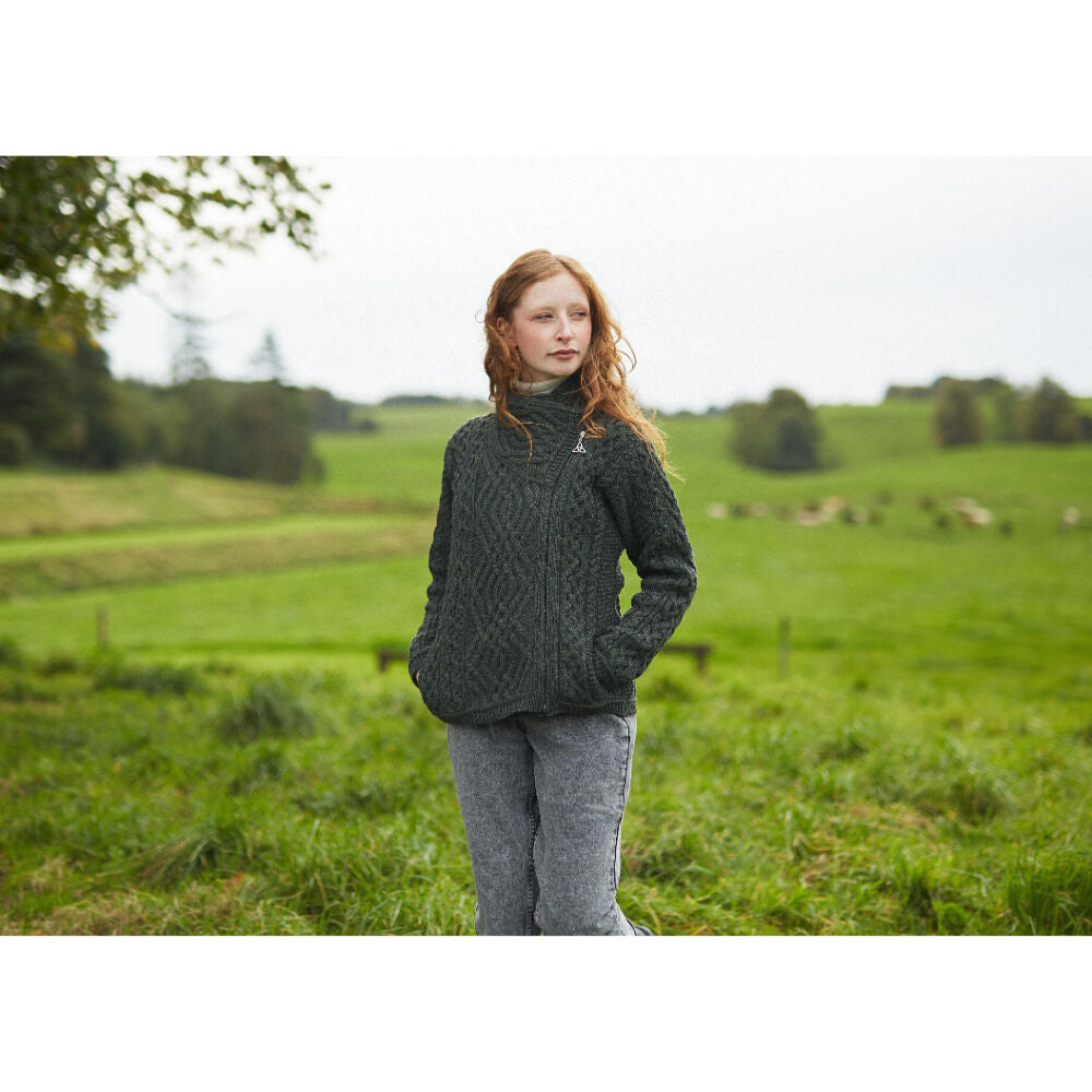 Ladies Aran Cable Knit Side Zip Green Cardigan