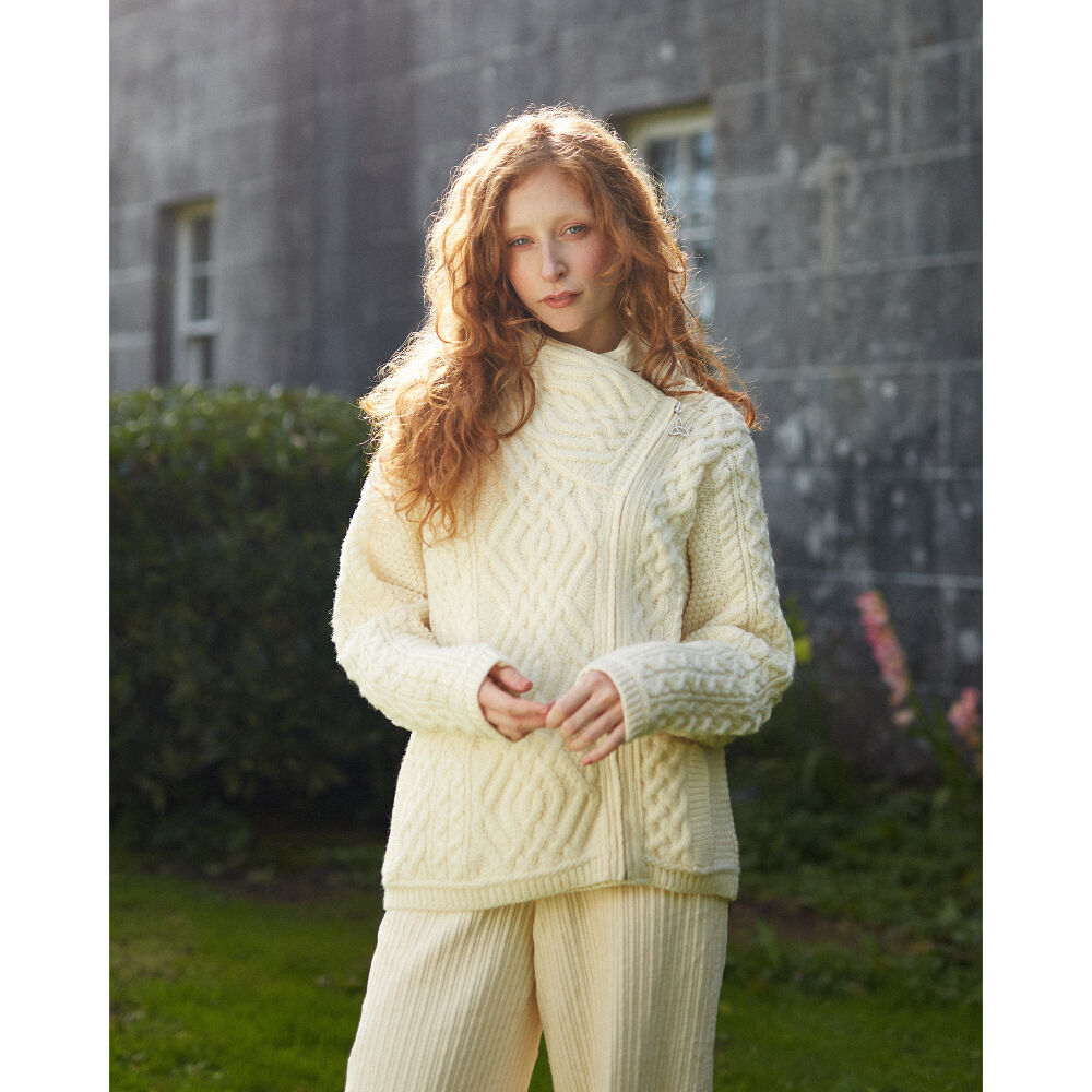 Ladies Aran Cable Knit Side Zip Natural Cardigan