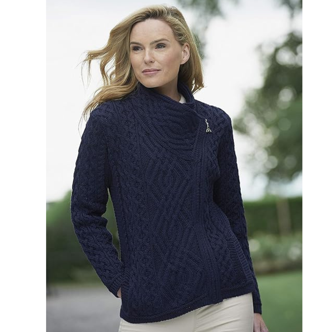 Ladies Aran Knit Trinity Zip Navy Cardigan