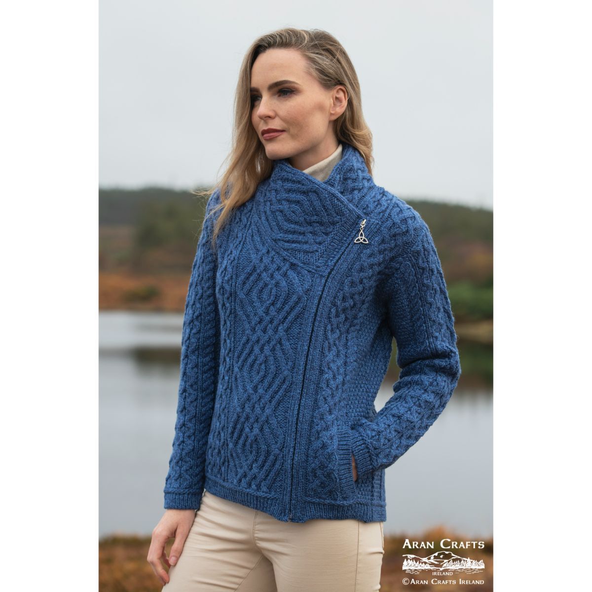 Ladies Irish Cable Knit Side Zip Cardigan Marl Blue