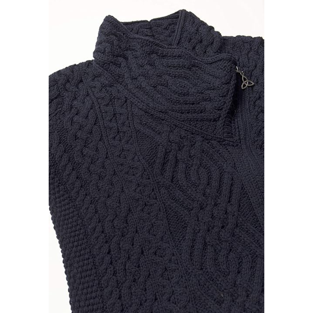 Ladies Aran Knit Trinity Zip Navy Cardigan