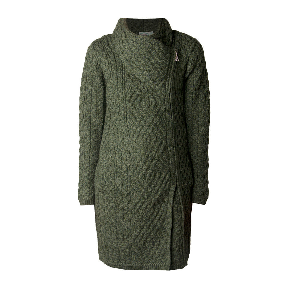 Ladies Merino Wool With Side Zip Green Knit Coat
