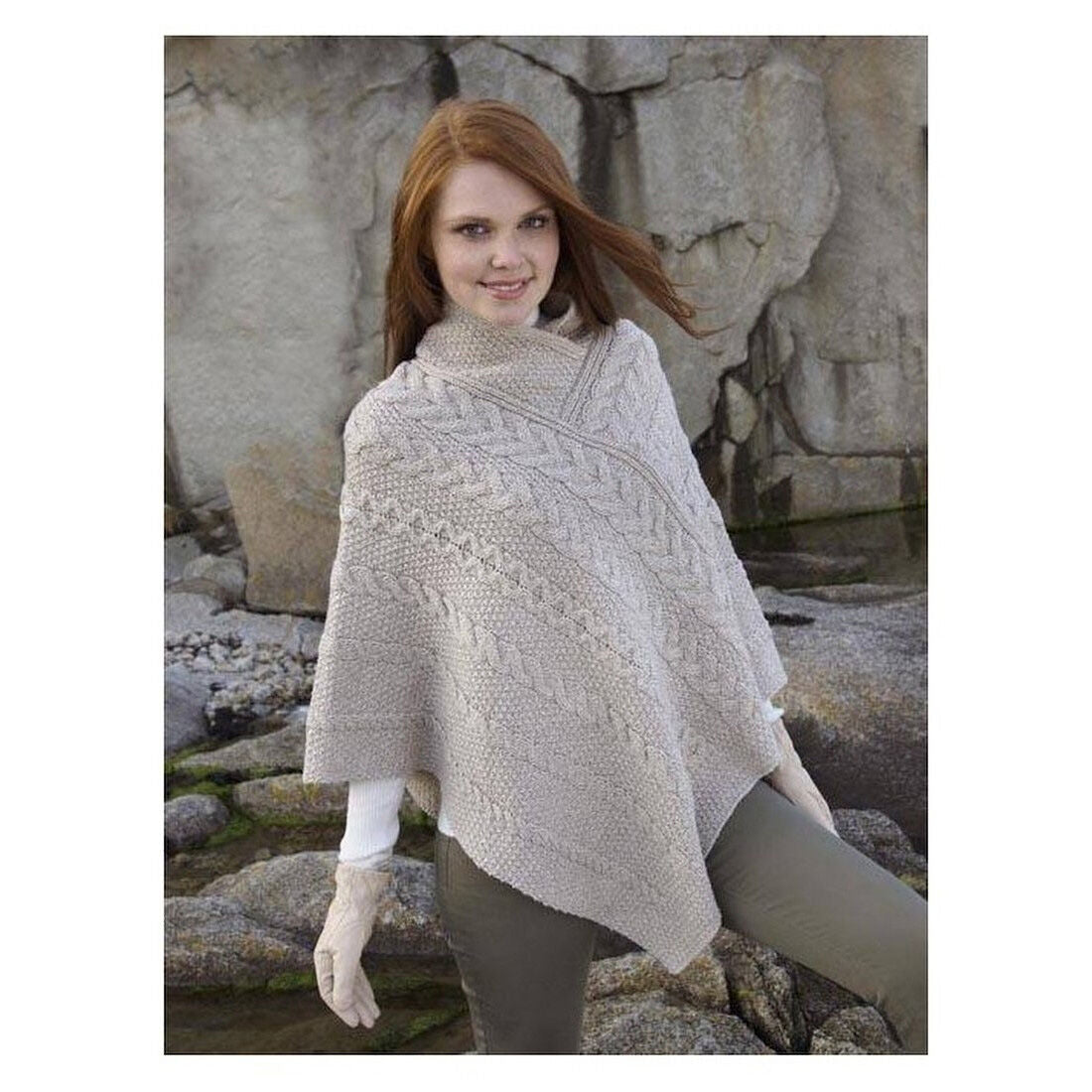 Ladies Aran Cable Poncho Parsnip