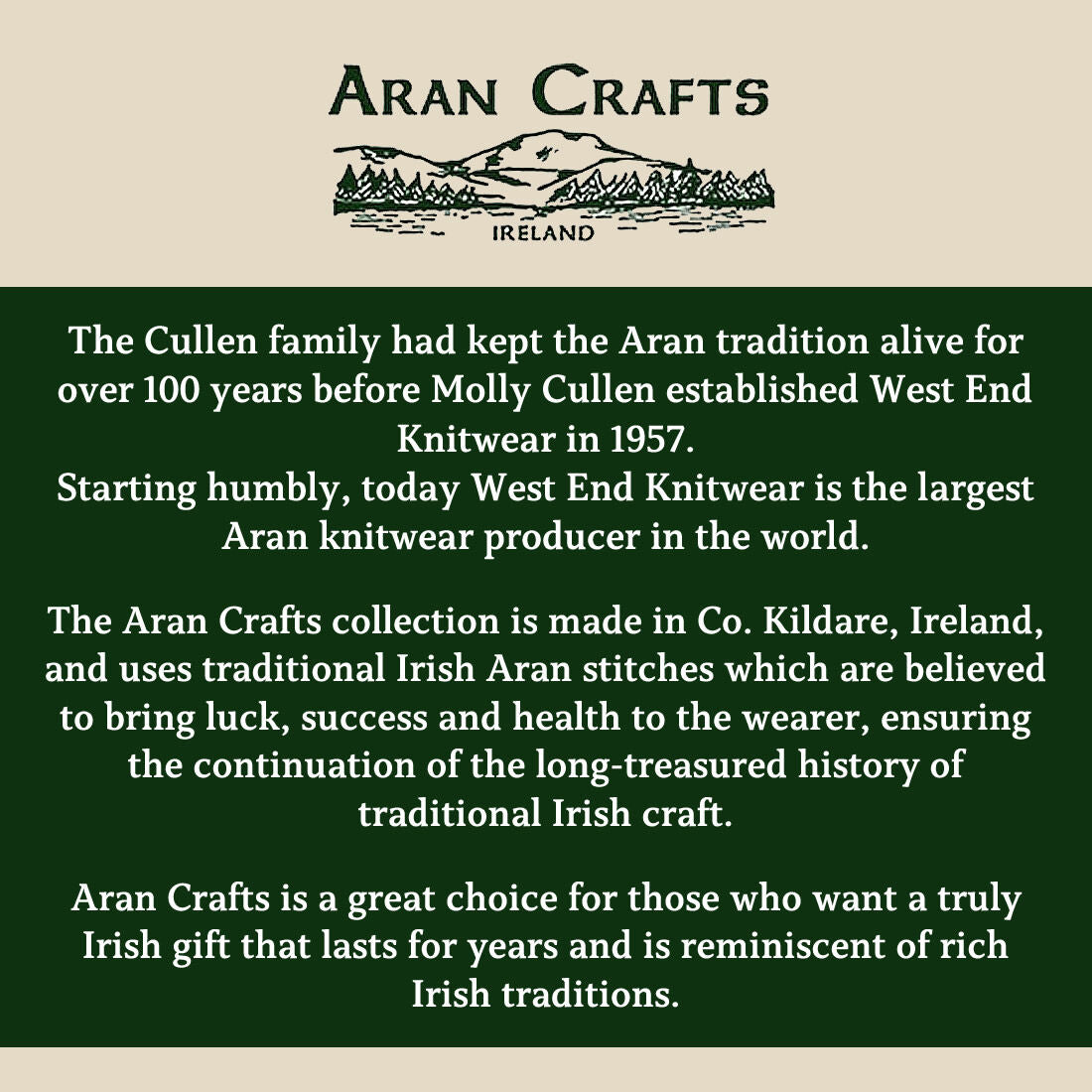 Text describing Aran Crafts' history and Irish knitwear traditions