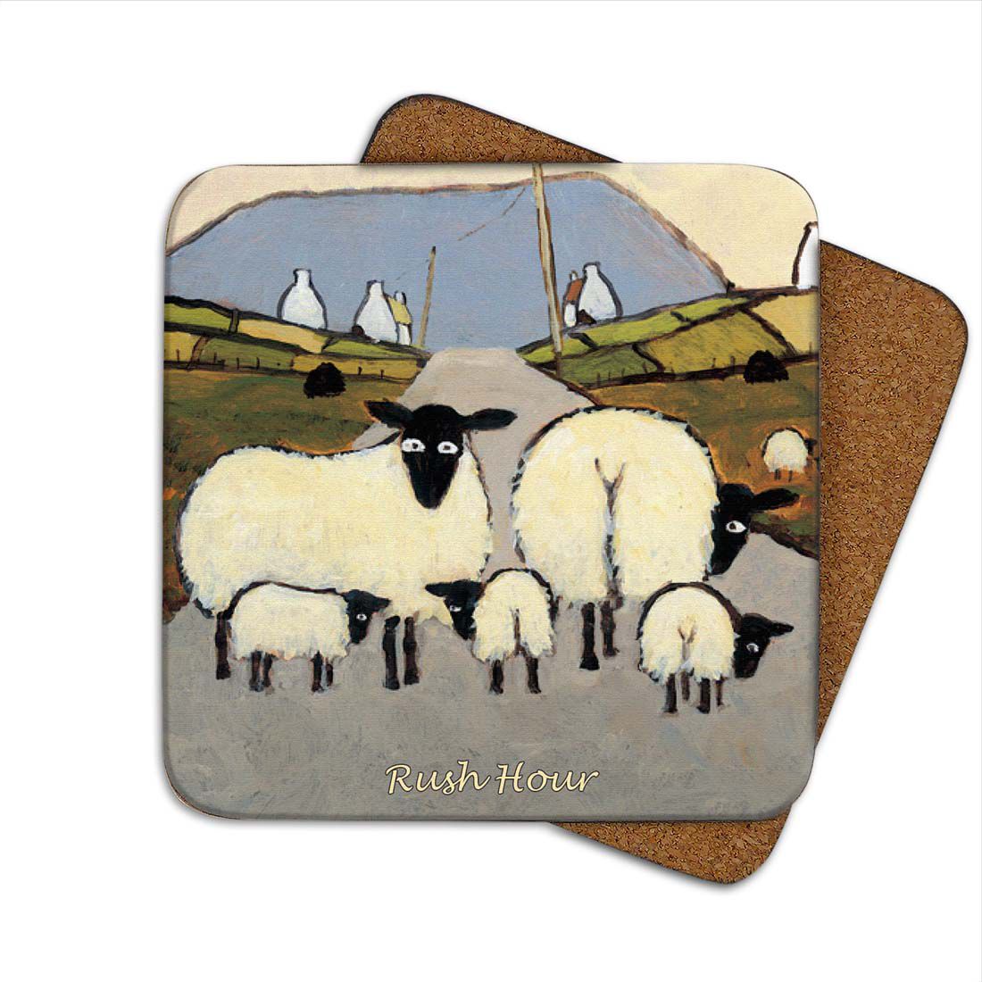 Irish Coaster With Sheep On A Country Road With The Text 'rush Hour'