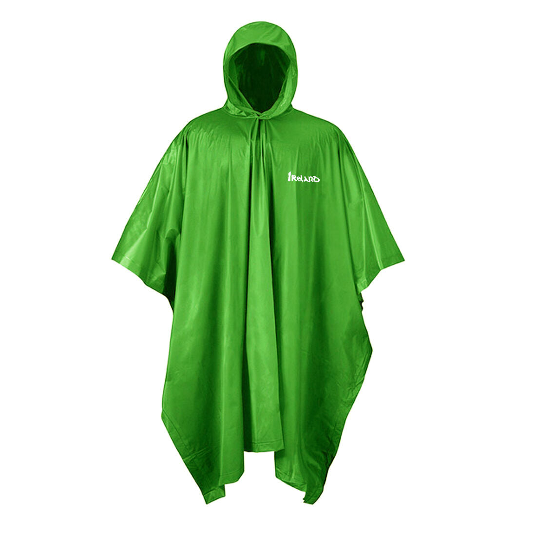 Bright green rain poncho with hood and Ireland text on chest