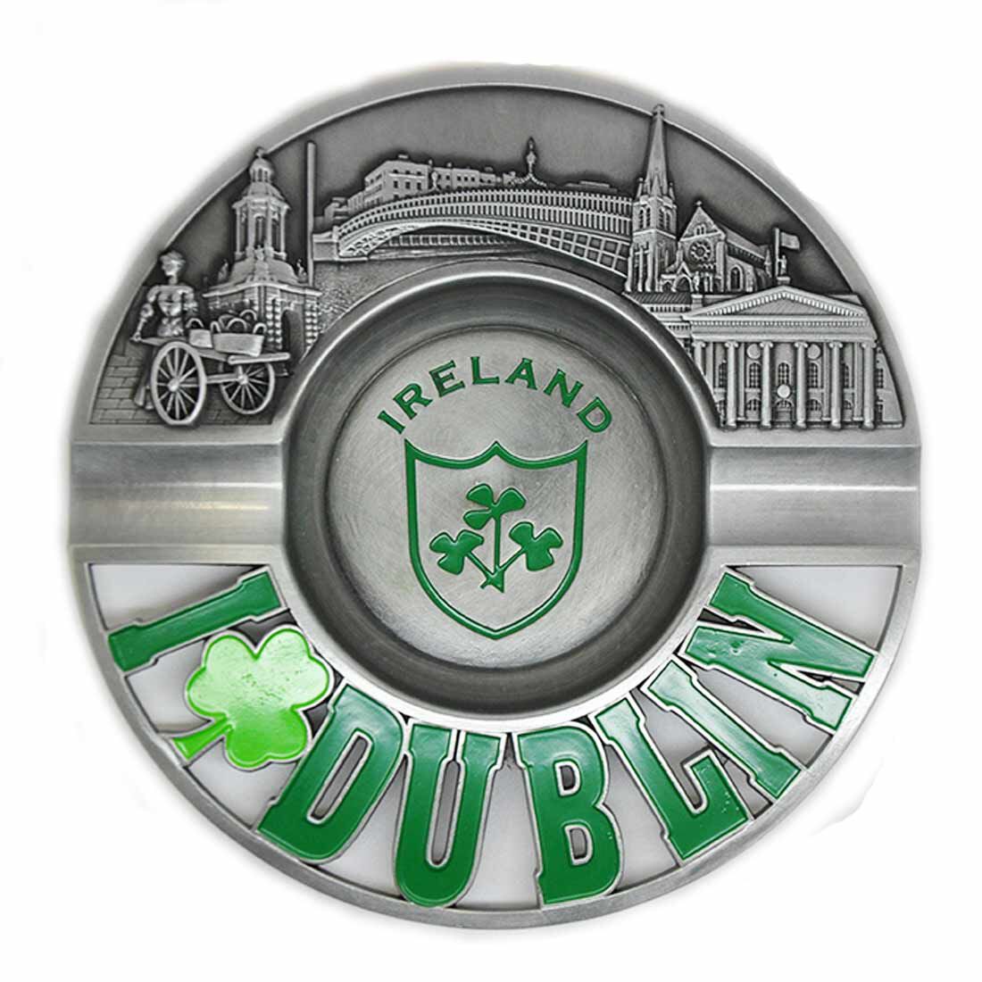 Metal 8cm Dublin Ashtray With Shamrock Design & Embossed Dublin Landmarks