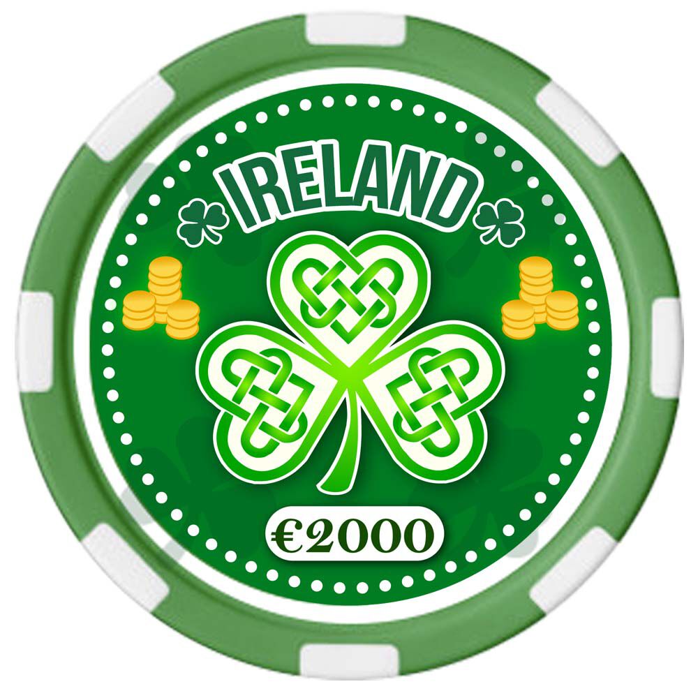Irish Designed Poker Chip With Ireland Text & Celtic Shamrock Design