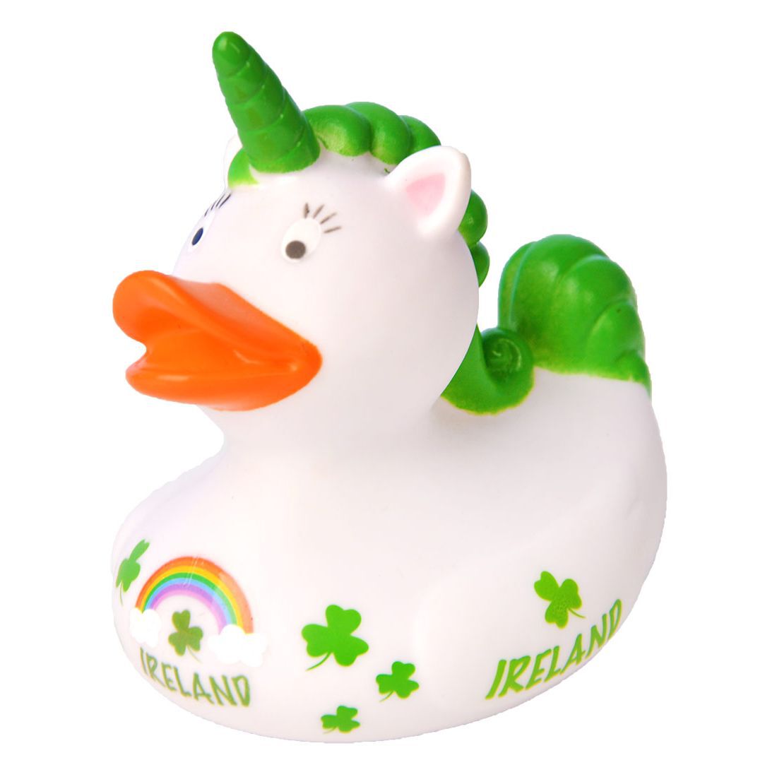 White Irish Unicorn Rubber Duck With Small Green Shamrock Design & Ireland Text