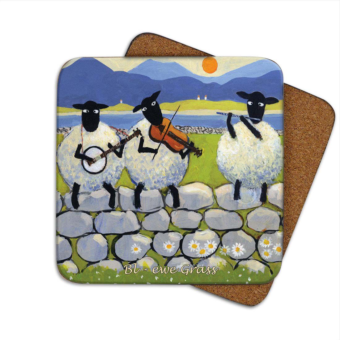 Irish Coaster With 3 Sheep On The Wall Playing Music With The Text 'bl Ewe Grass'