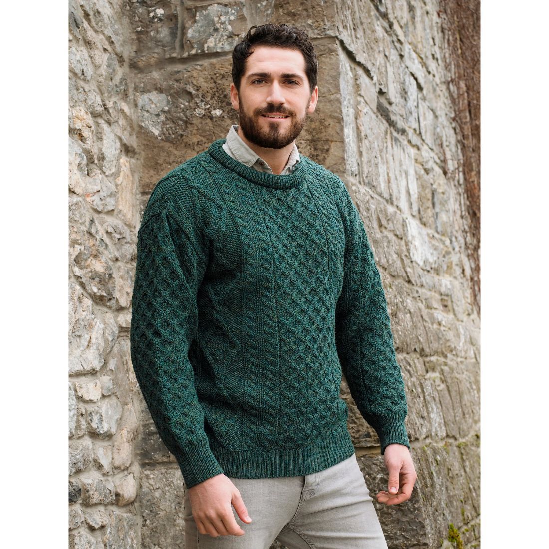 Men's Aran Cable Knit Crew Neck Moss Green Jumper