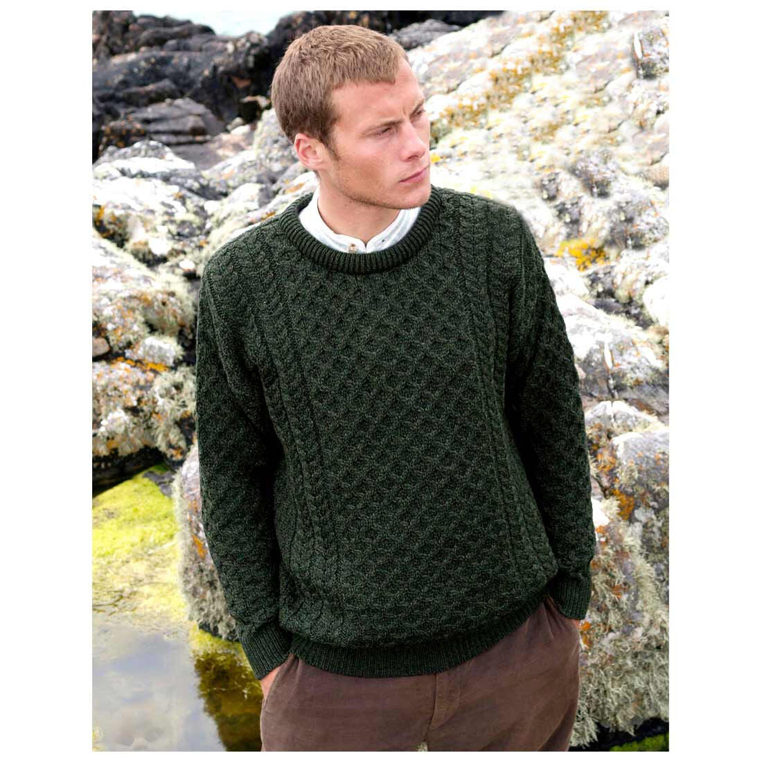 Men's Merino Wool Aran Crew Neck Green Jumper