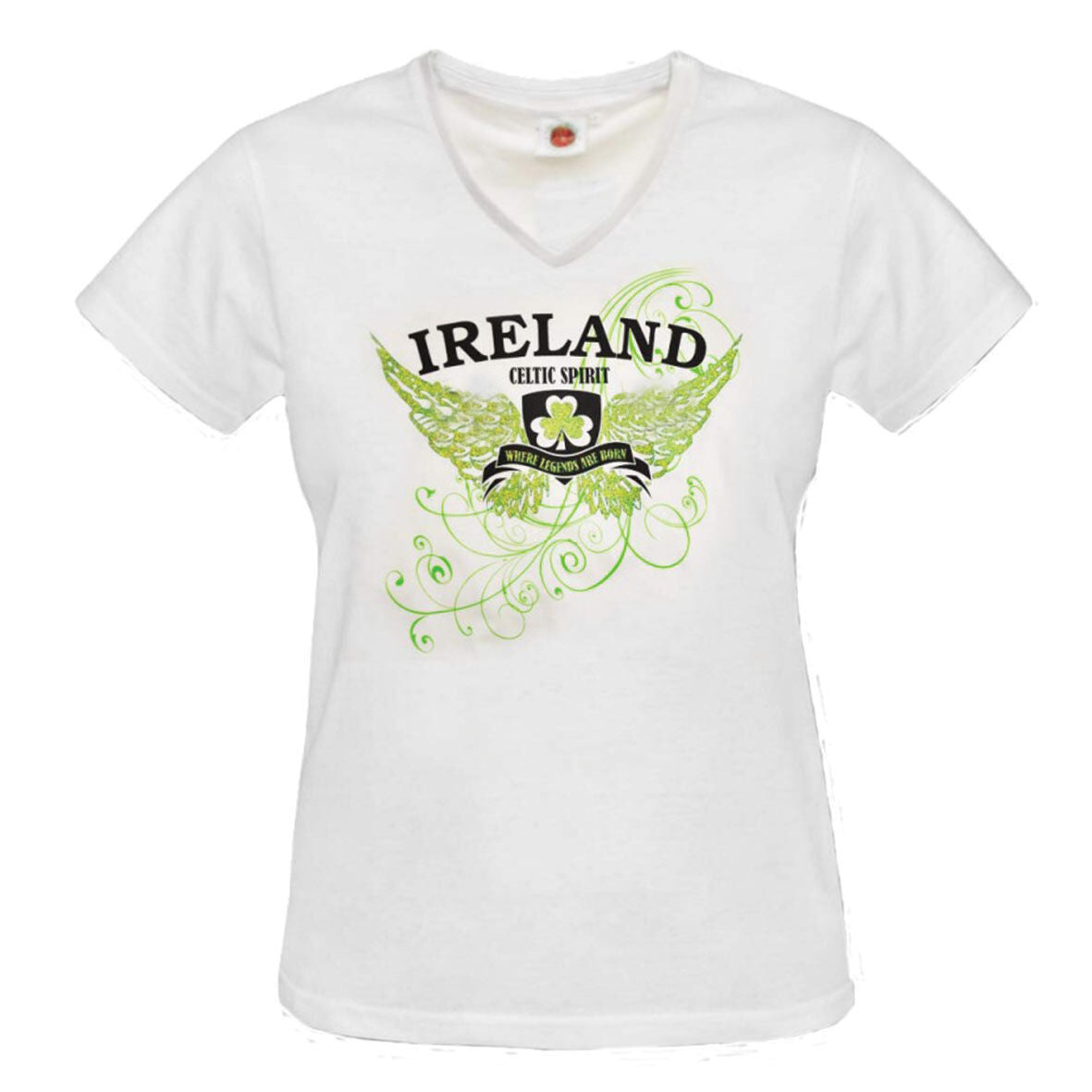 Ladies Fitted V-Neck T-Shirt with Ireland Wings Print White
