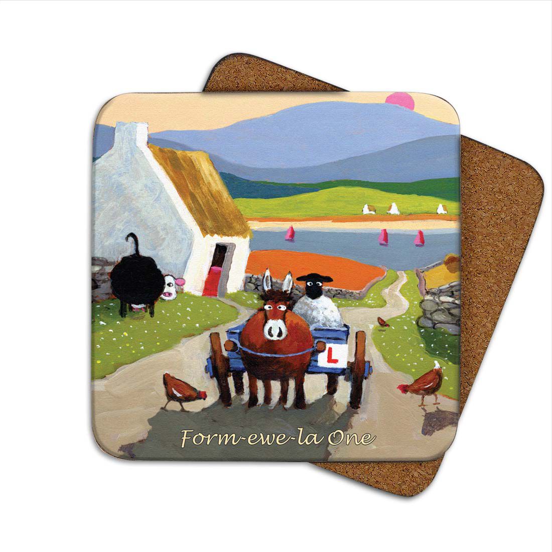 Irish Coaster With Sheep On A Donkey & Cart With 'form-ewe-la One' Text