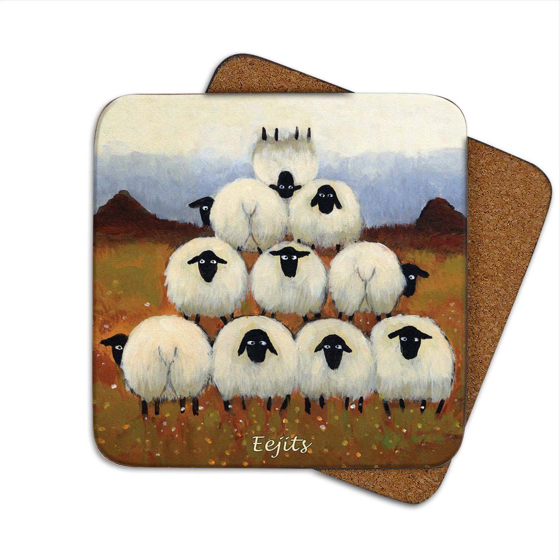 Irish Coaster With Sheep In A Pyramid Shape With The Text 'eejits