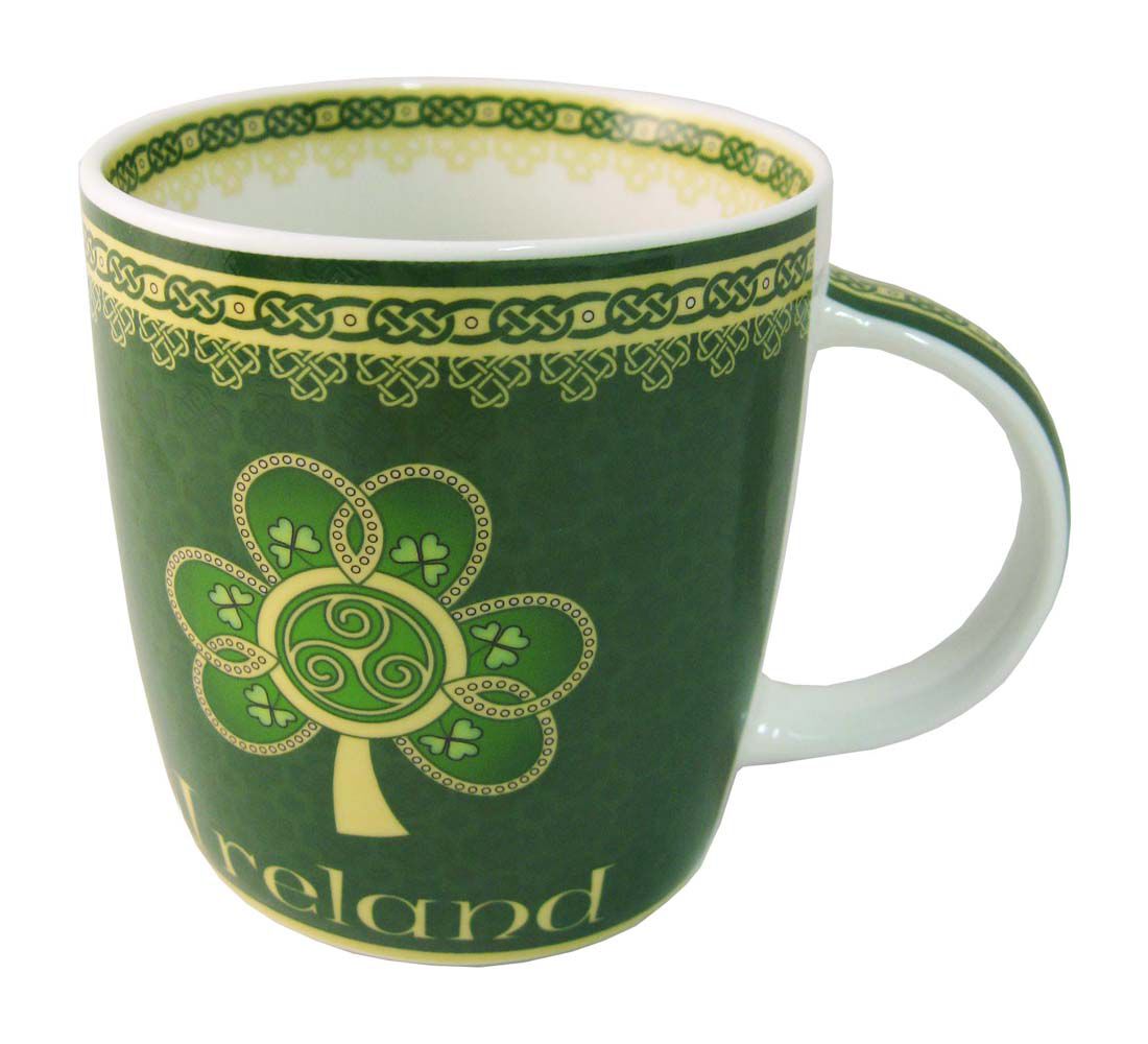 Shamrock Spiral Ireland Mug With A Green & Yellow Celtic Design