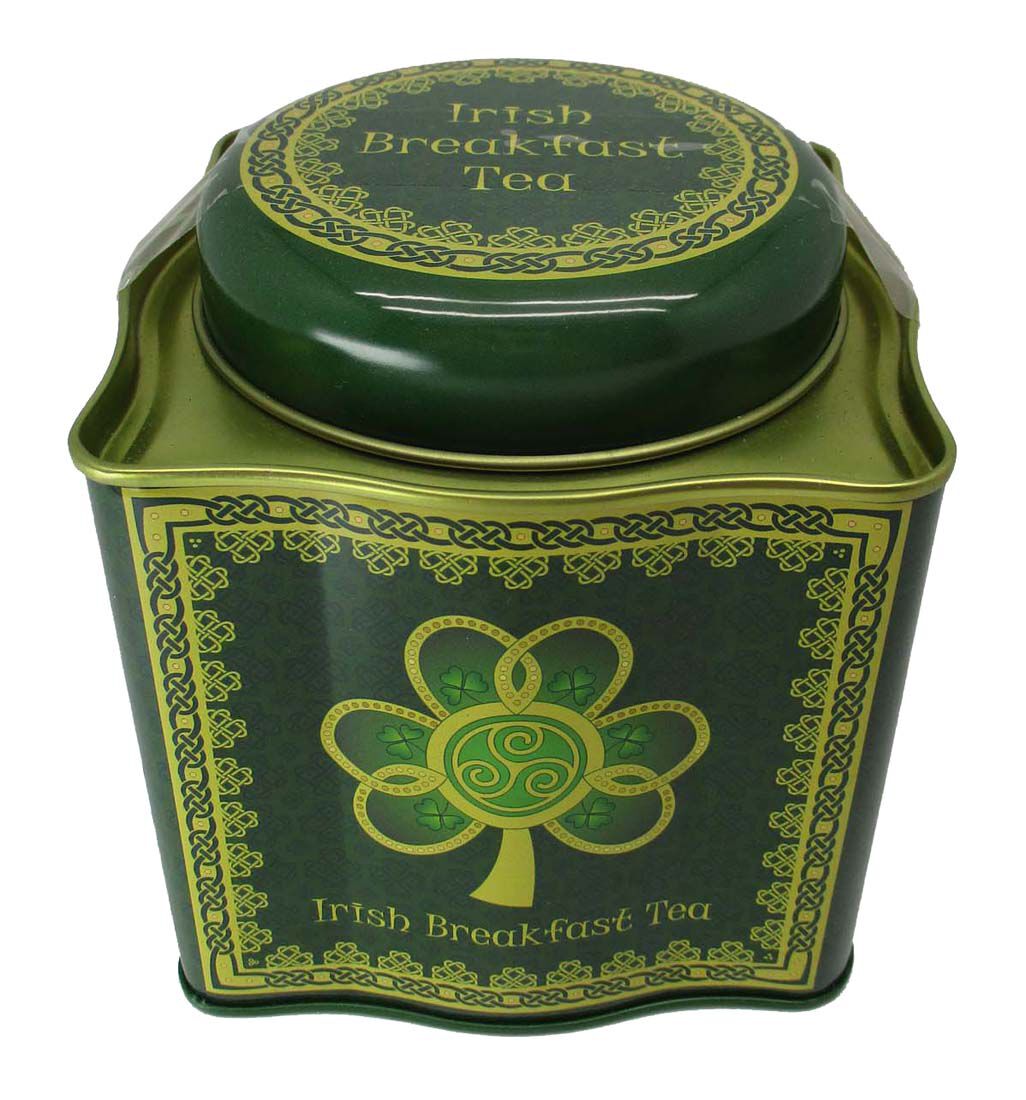 Irish Breakfast Tea -shamrock Spiral Tin With A Green & Yellow Celtic Design