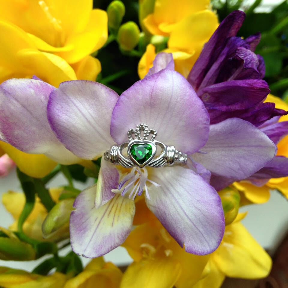 Platinum Plated Claddagh May Birthstone Ring