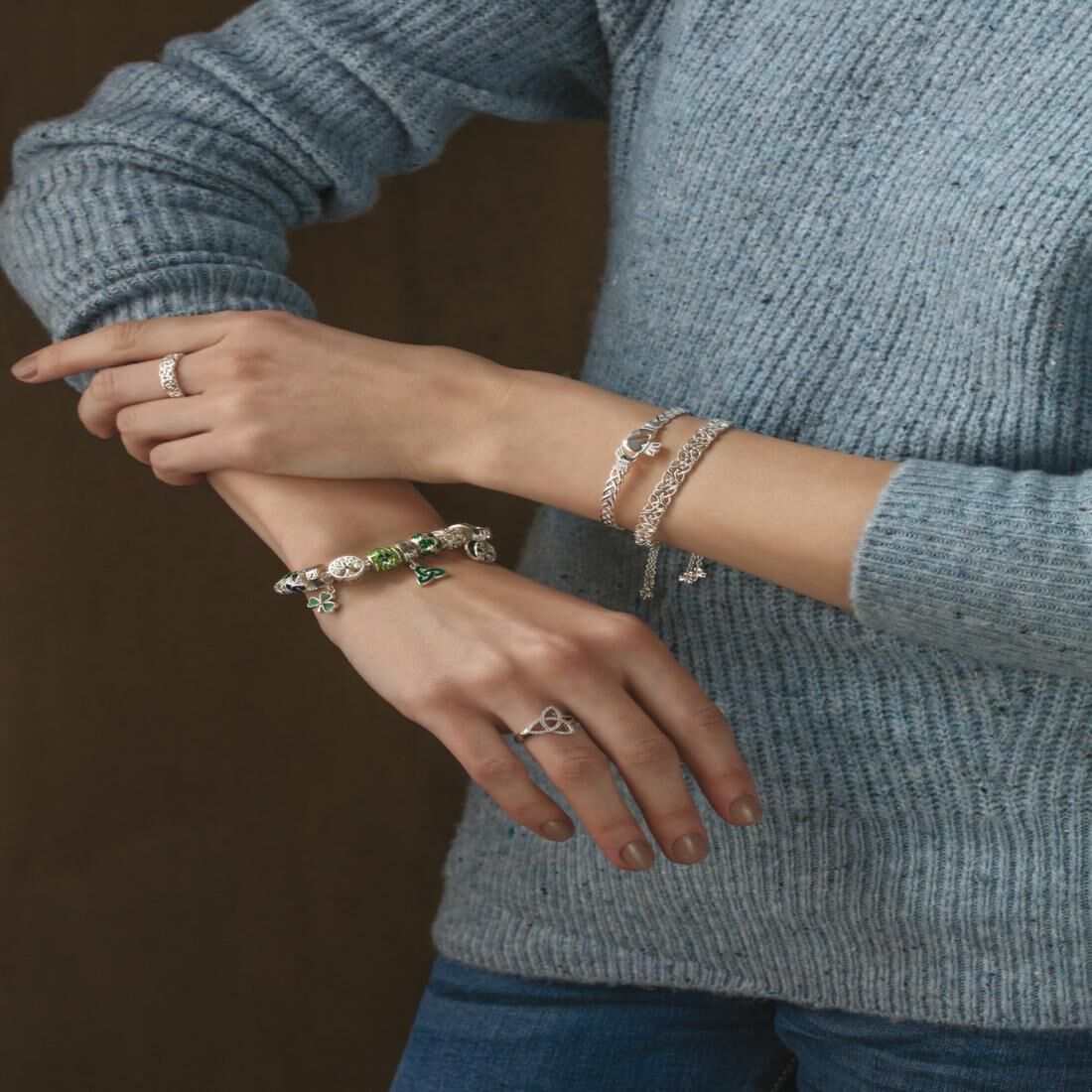 Bead Charm With Multiple Shamrocks Inlayed Hallmarked Sterling Silver